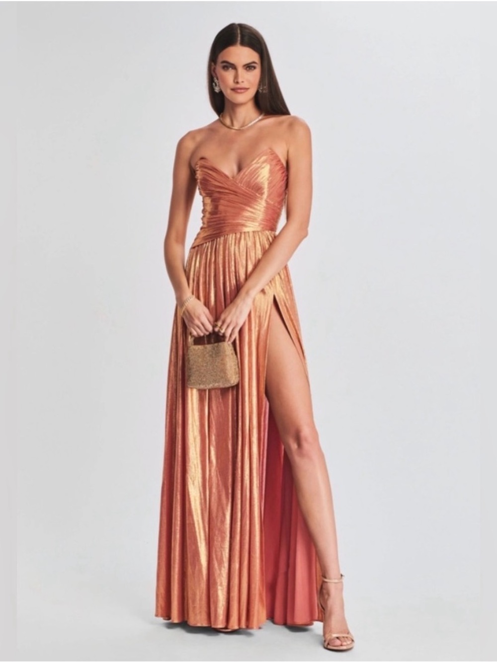 Retrofete NWT Waldorf Metallic Strapless Ruched Maxi Dress in Apricot, Size M
